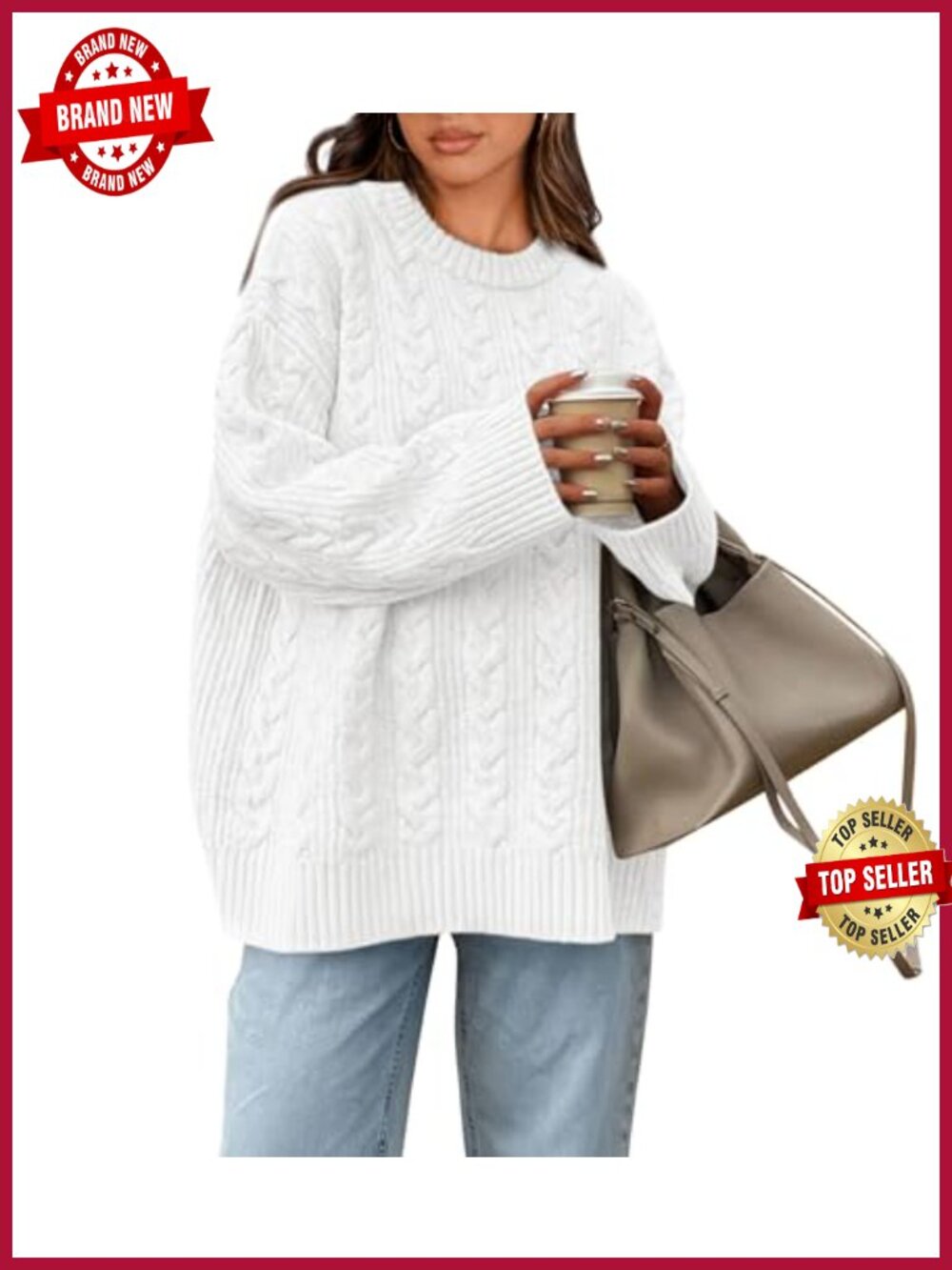 Oversized Cable Knit Crewneck Pullover Sweater Soft Chunky Long Sleeve